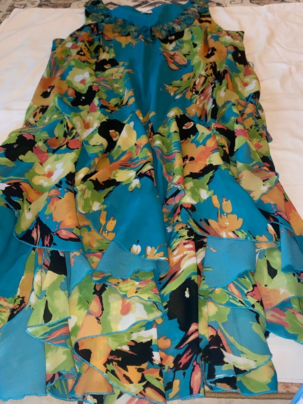 Amanda Lane Teal Multi-Color Floral Ruffle Maxi Dress - Picture 2 of 9